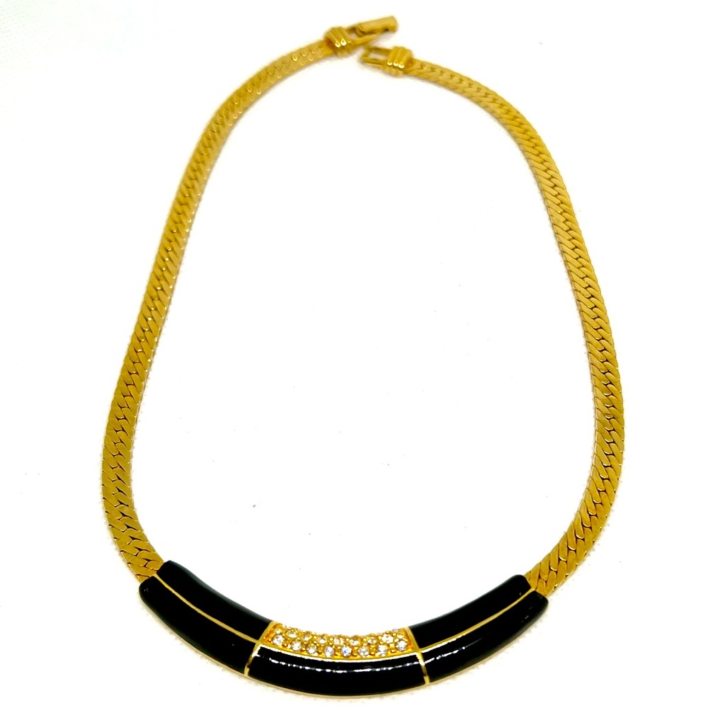 Swarovski SAL Vintage Necklace Gold Tone Chain & Black Enamel Signed EUC